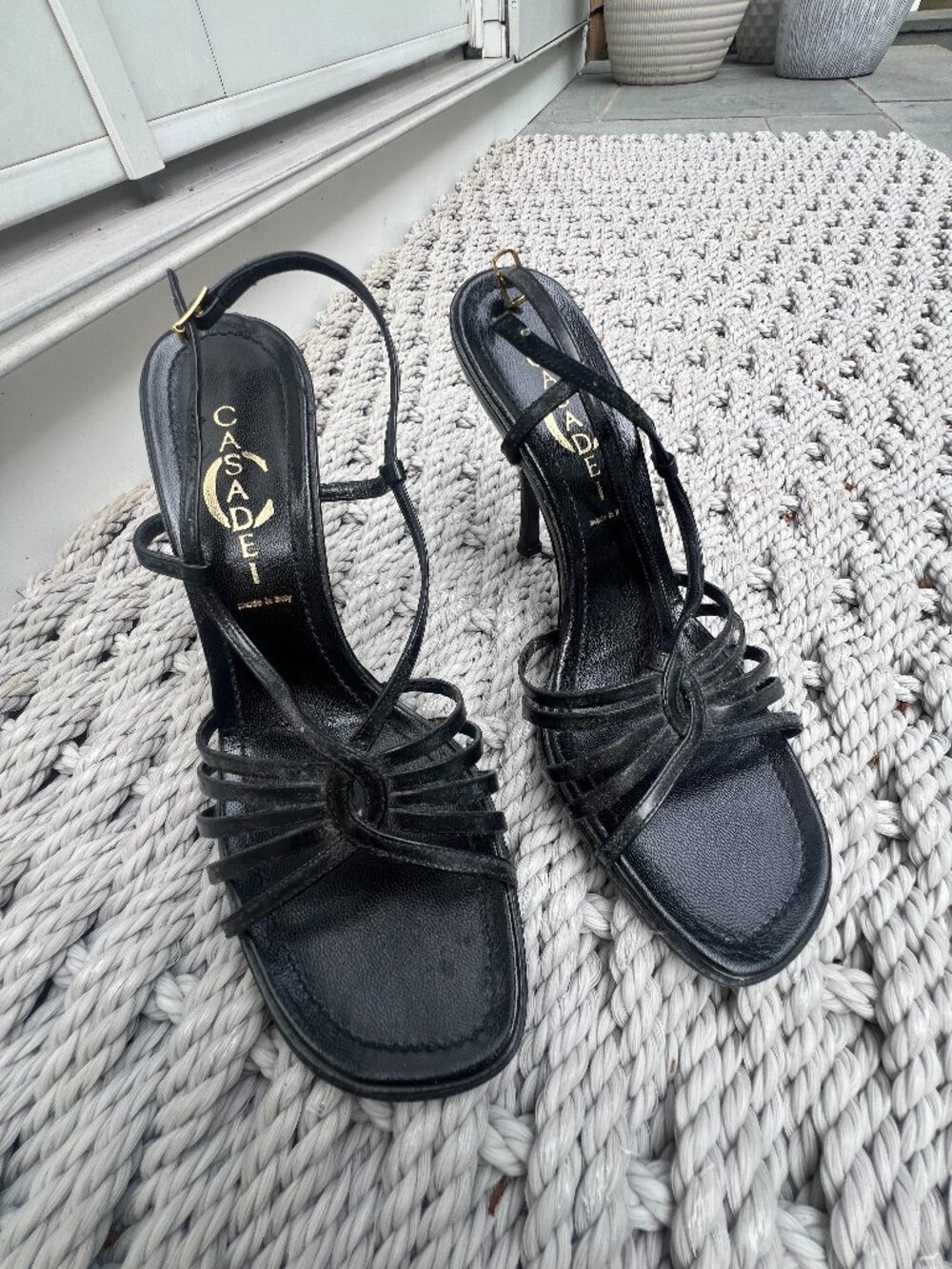 Authentic Casadei Black Patent Leather Strappy Stiletto Sandals — Made in Italy